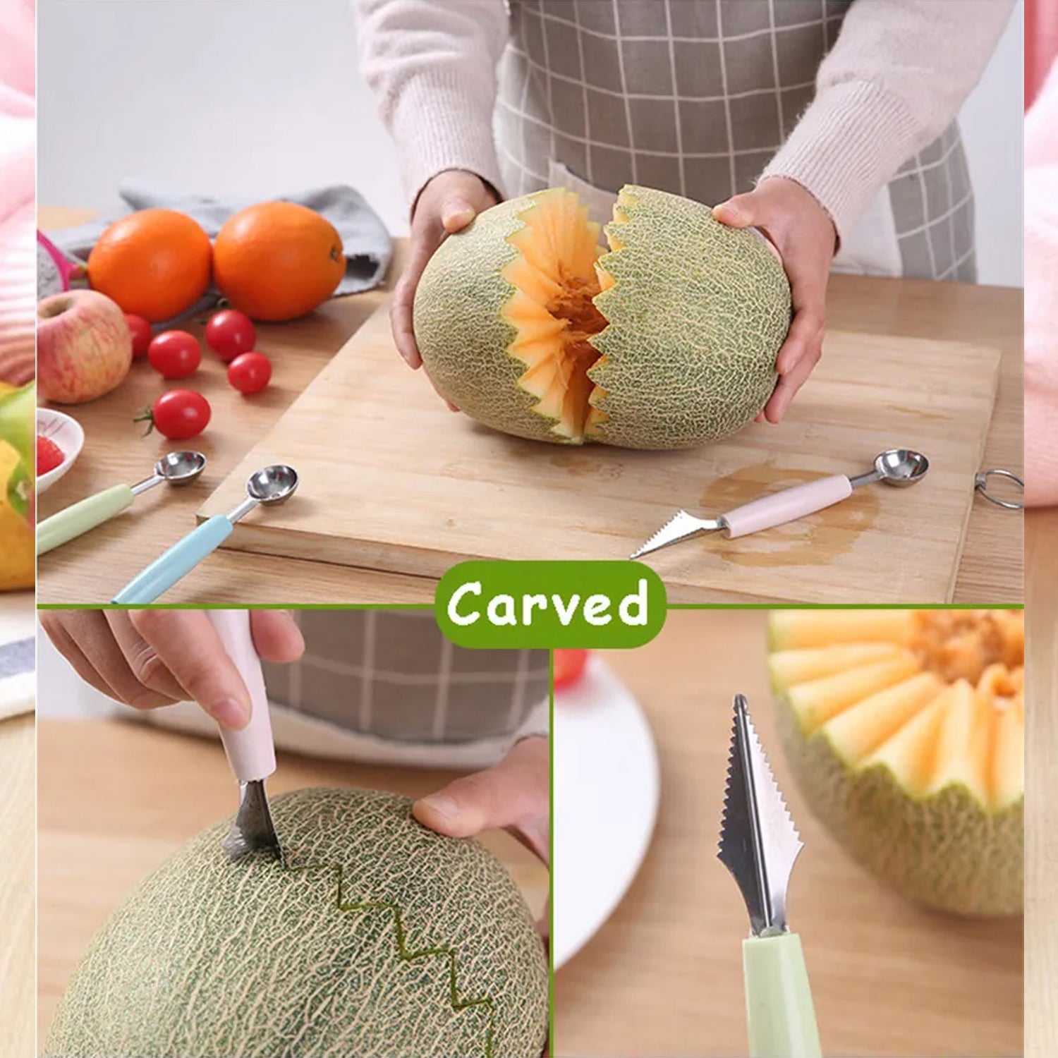 7031 Multifunctional Stainless Steel Fruit, Vegetable Pattern Carving Knife Peeler Corer Spherical Dig Ball Scoop, Garnishing Dig Ball Spoon Kit. DeoDap 7031 Multifunctional Stainless Steel Fruit, Vegetable Pattern Carving Knife Peeler Corer Spherical Dig Ball Scoop, Garnishing Dig Ball Spoon Kit. DeoDap